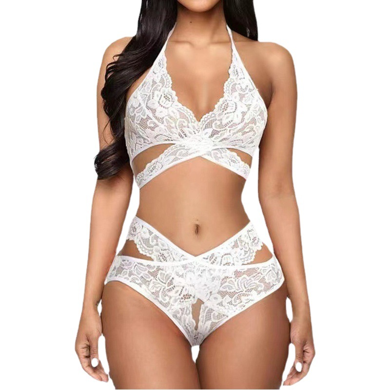 Sexy underwear ladies European and American sexy lace three-point transparent temptation large size hot pajamas set Wholesale