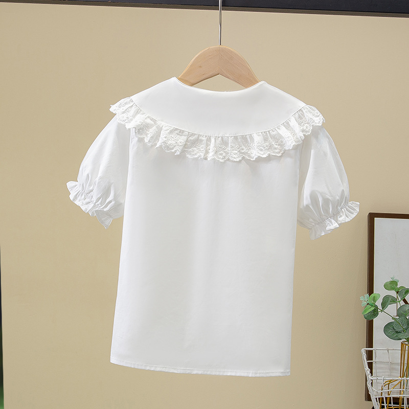 Picture of Girls Short-Sleeved Shirt Summer New Style Medium and Large Children's Summer Pure Cotton Shirt Doll Shirt White Top Cross-Border