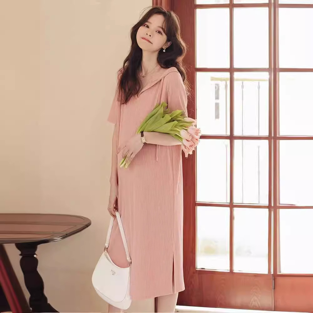 Picture of Pregnant Women's New dress Summer Short-sleeved Solid Color Korean-style Hooded T Skirt Loose Fashion Draped dress