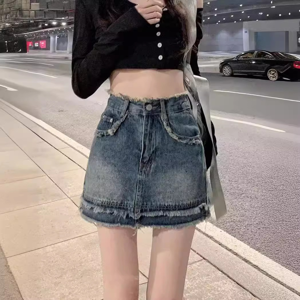2024 Summer New Style Denim Short Skirt Women's High Waist Slimming Anti-Glow A- Line Hot Girl Hip Skirt