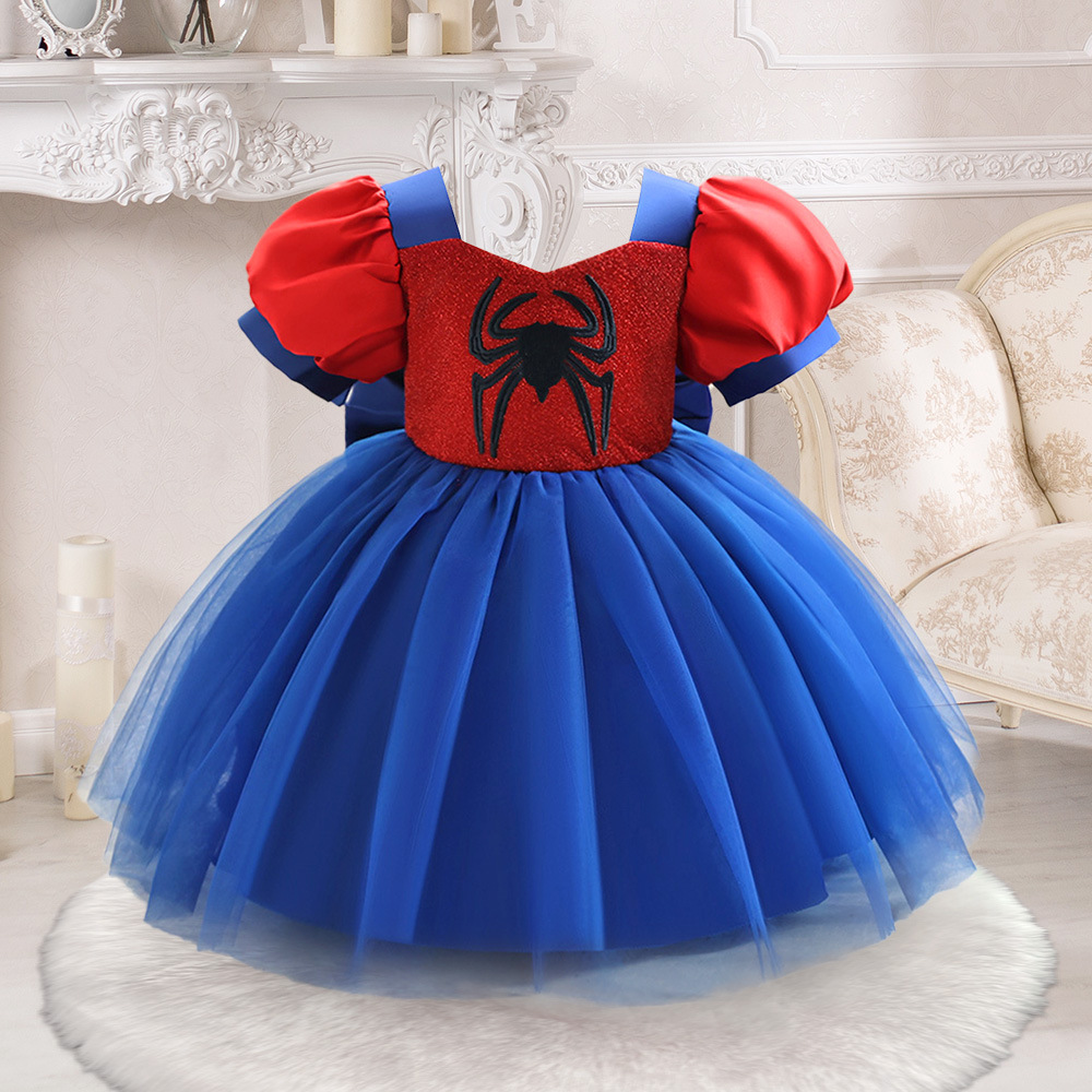 European and American New Arrival Black Spider Mesh Stitching dress Children's Princess Dress Puffy Sleeve cosplay Performance Dress