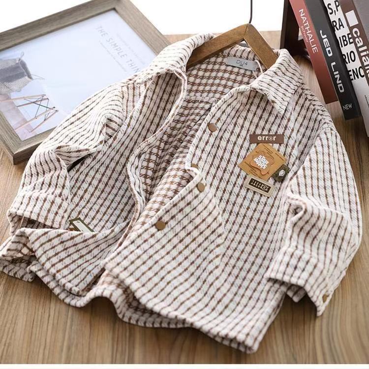 Boys Coat Autumn Coat Large Children Plaid Shirt Long Sleeve 2025 New Boys Casual Autumn Outer Wear Top