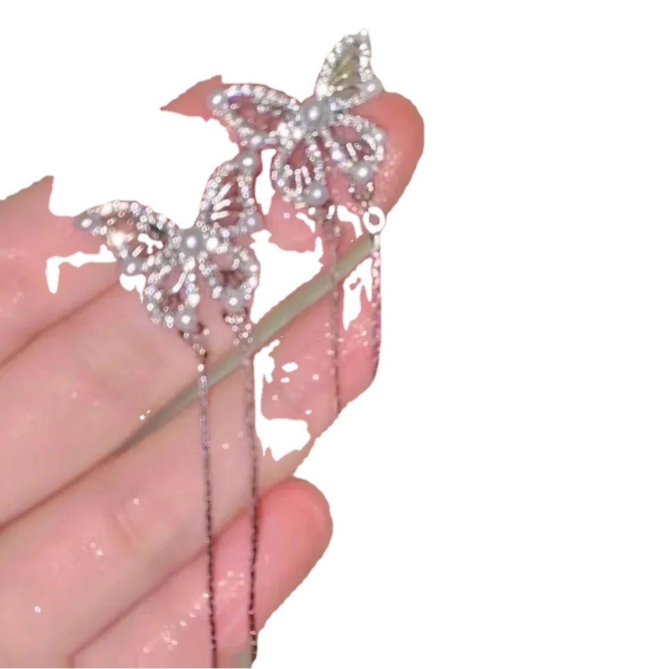 Butterfly Tassel Earrings Women's Summer 2024 New Fashionable Elegant Niche Design Sense High-grade Silver Pin Earrings Fashion All-match