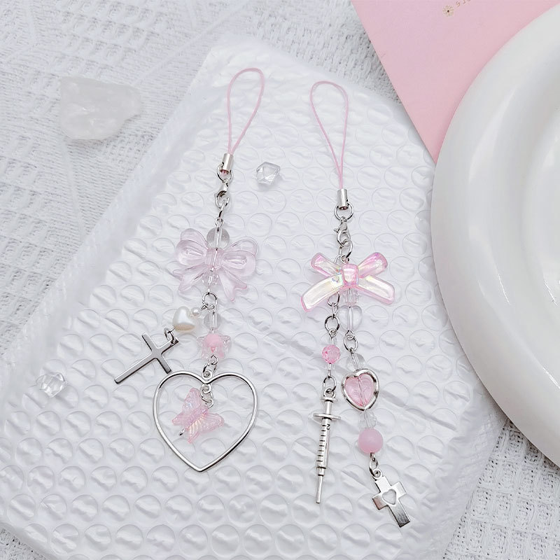 Picture of Japanese and Korean Style ins Harajuku Beaded Gooben Chain Card Book Hanging Chain Pink Style Girl's Heart Bow Love Mobile Phone Chain