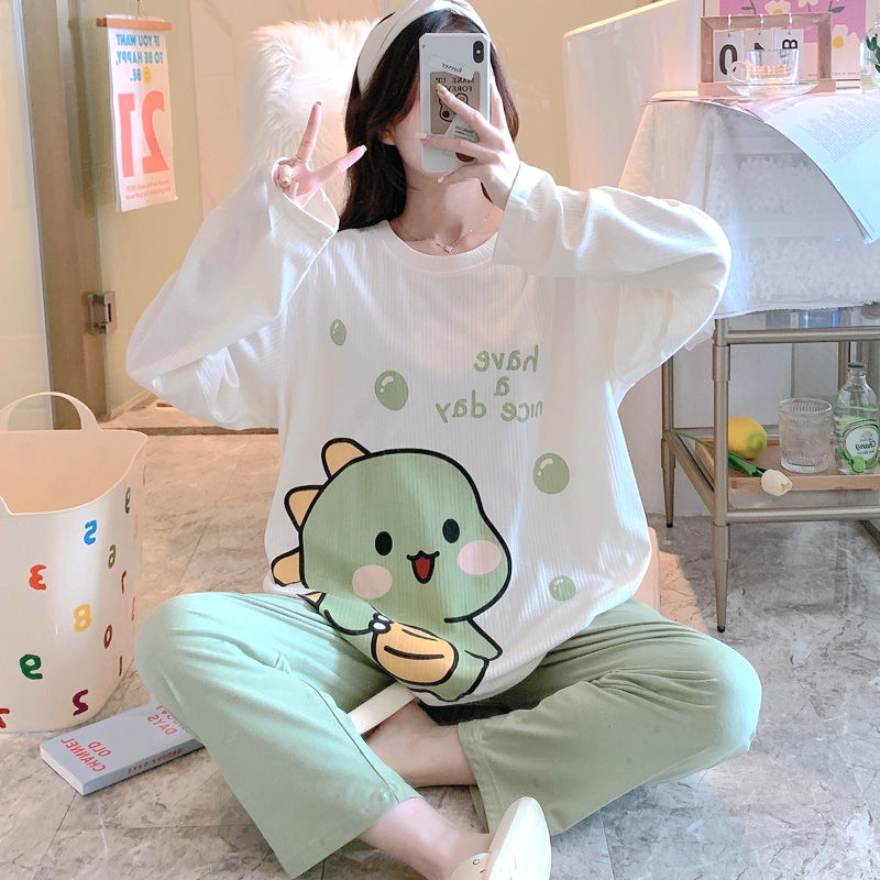Pajamas women's spring and autumn Korean-style loose long-sleeved trousers round neck sweet cute cartoon two-piece suit home wear
