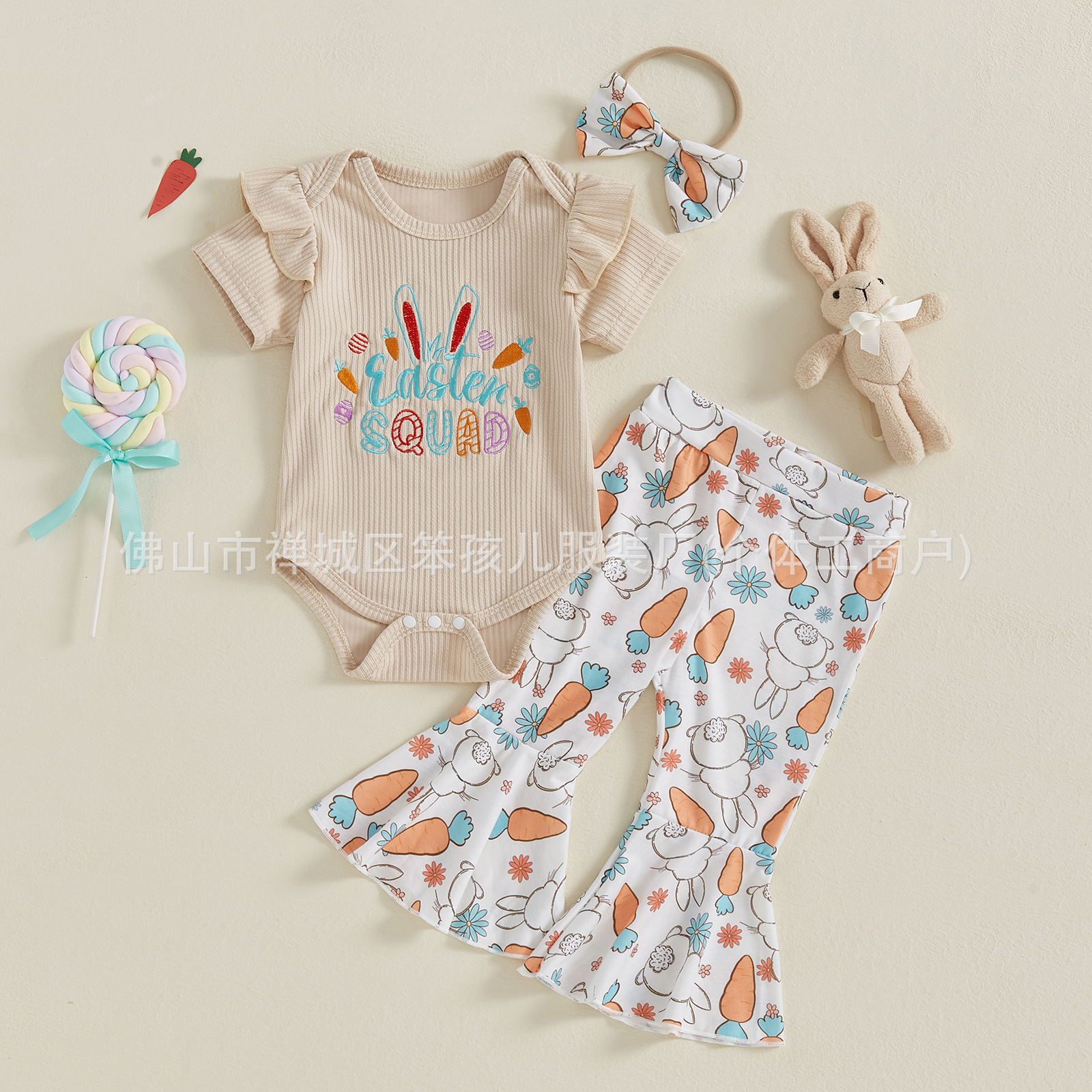 New Cross-border Baby Children's Easter Pit Strip Letter Sweet Short-sleeved Hare Trousers Trousers Hair Ring Three-piece Set