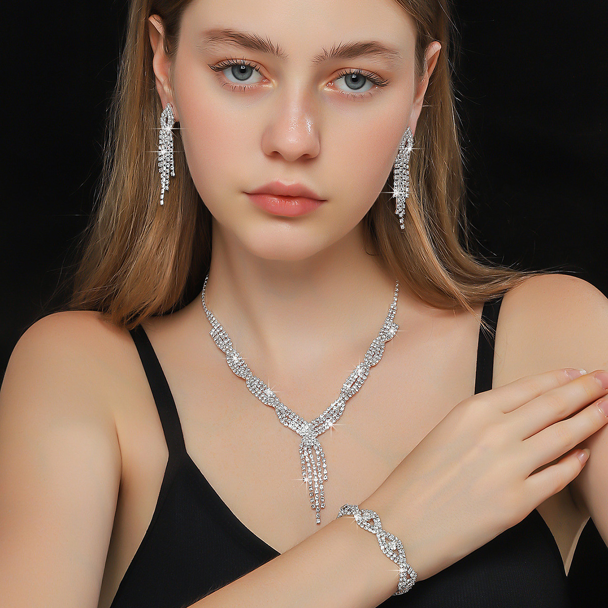 Cross-Border Three-Piece Claw Chain Bracelet Rhinestone Wedding Necklace Earrings Jewelry Banquet Jewelry Evening Dress Set