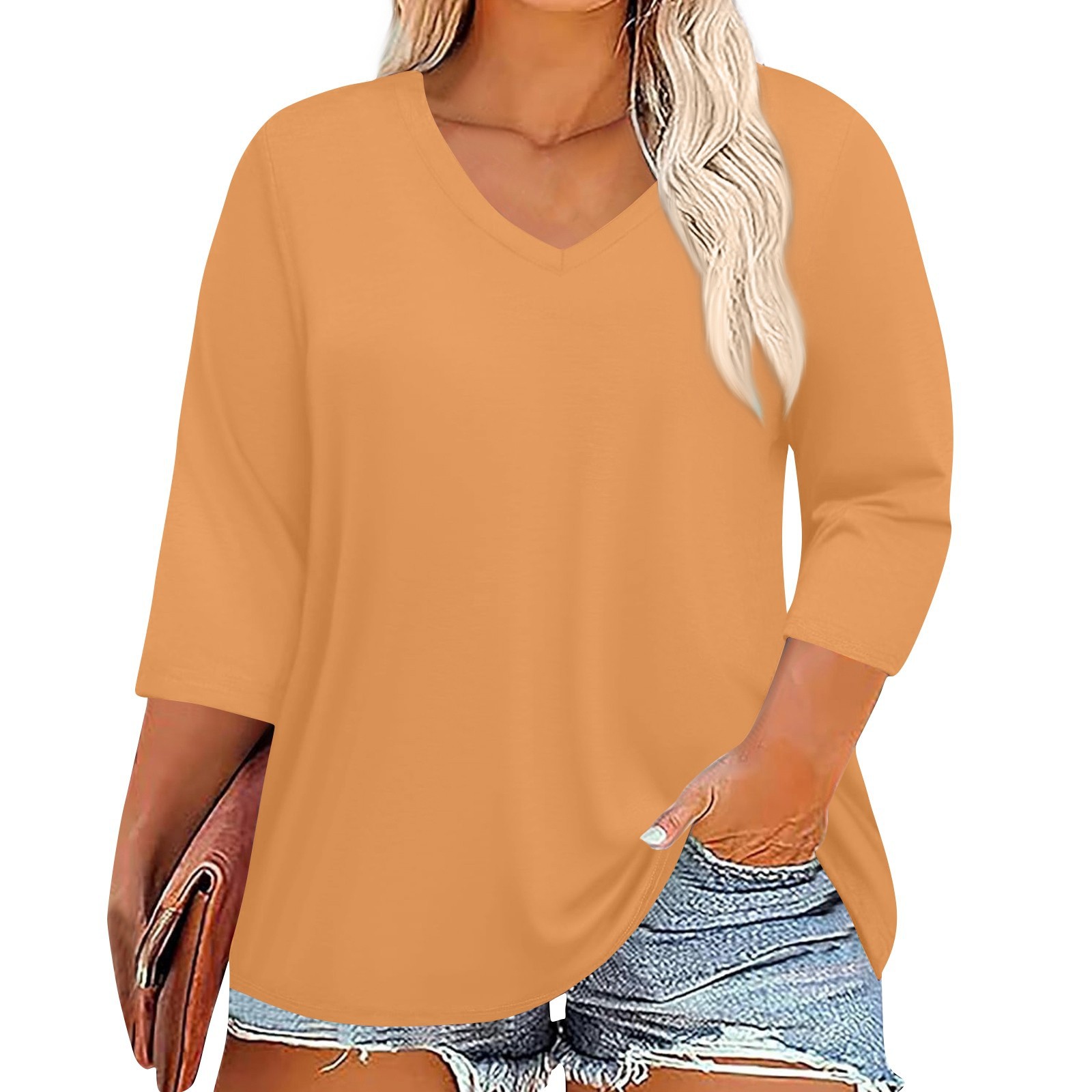 Picture of 2025 Cross-Border Amazon New Women's Large Size Fat Model V-Neck 7-Quarter Sleeve Pure Color Top