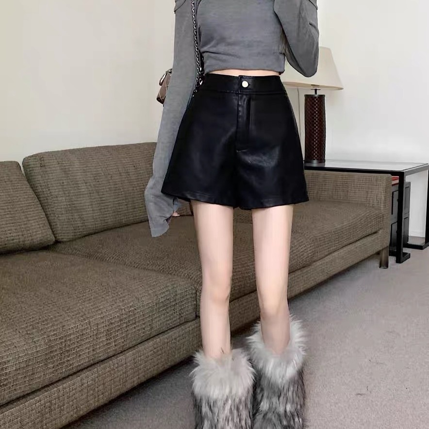 Picture of Black PU leather pants women's autumn and winter hot girl high waist slimming elegant socialite A- line casual wide leg shorts outer wear boot pants