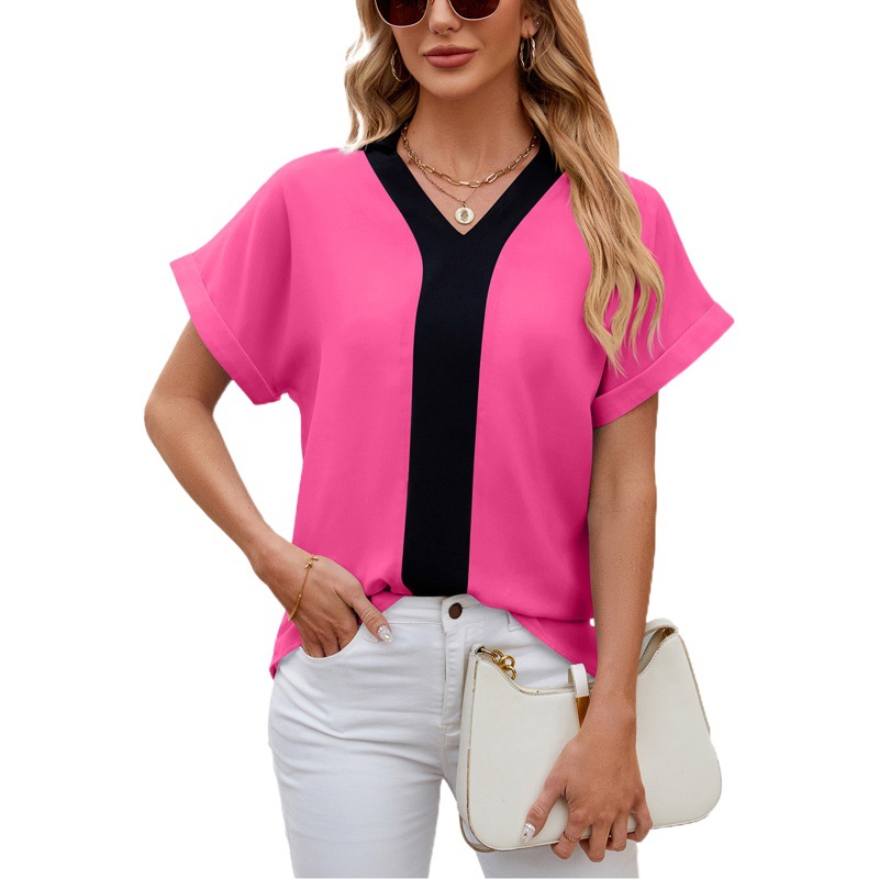 2024 Europe and the United States foreign trade cross-border women's clothing Amazon summer short sleeve T-shirt stitching lapel V-neck contrast color top women