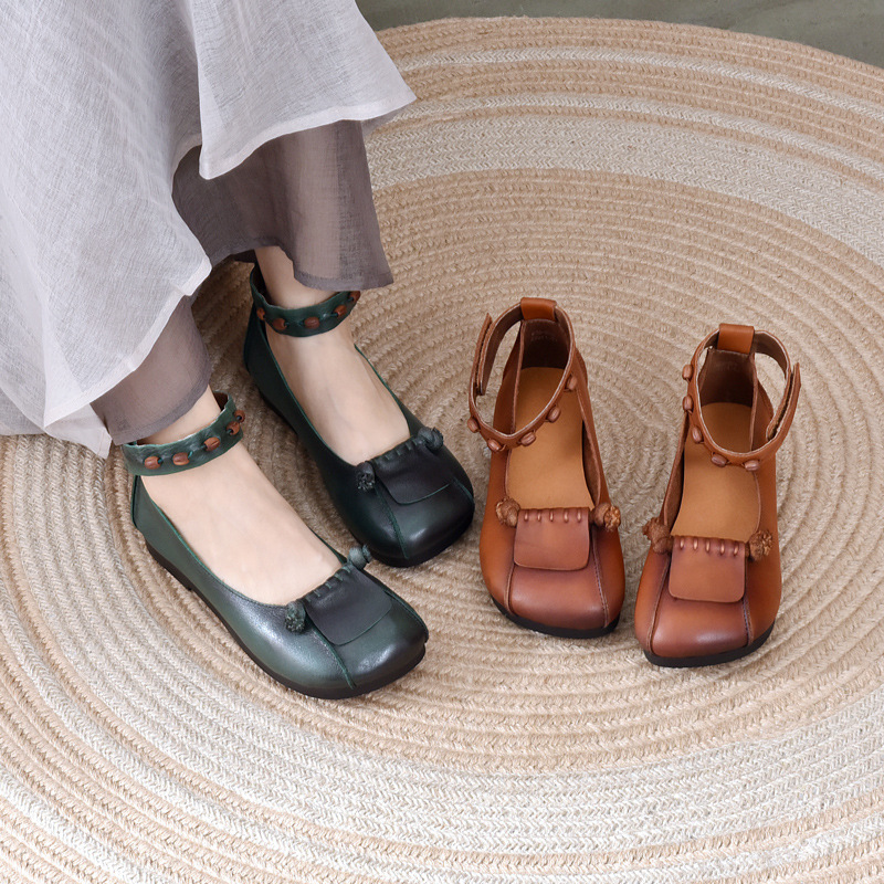 Longlin retro handmade doll head women's flat 2024 genuine leather round head soft bottom shallow mouth milk shoes factory direct supply