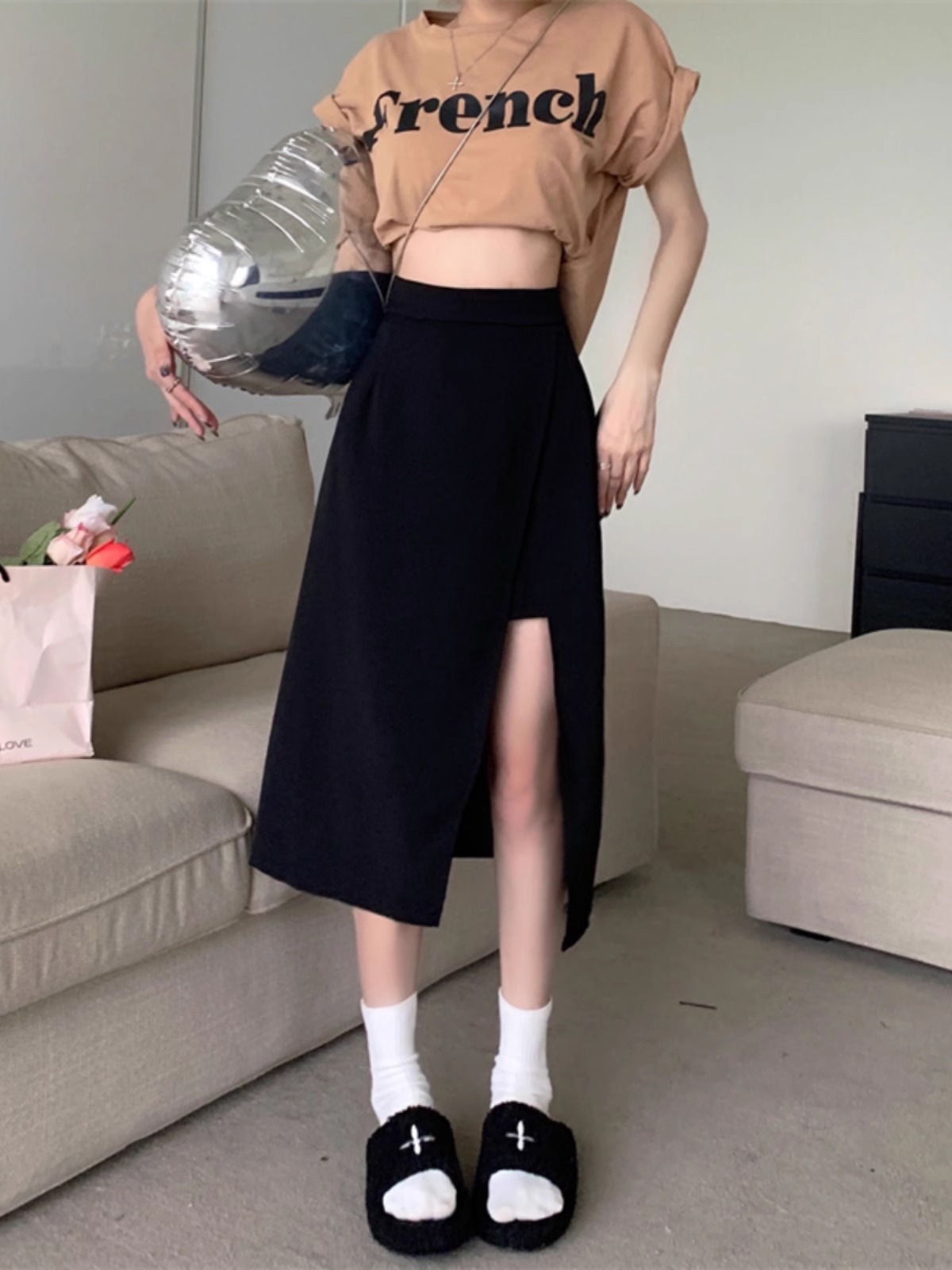 Mid-length Dipped Skirt 2025 Autumn New High Waist Slimming Split One-step Skirt Fashionable Korean A- line Skirt