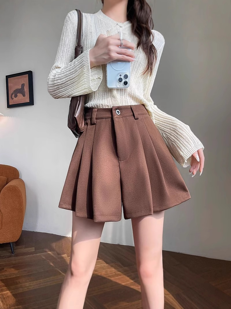 brown Pleated Woolen Shorts Women's 2024 New Autumn and Winter Outwear Pants High Waist Casual A- Shapes Wide Leg Pants