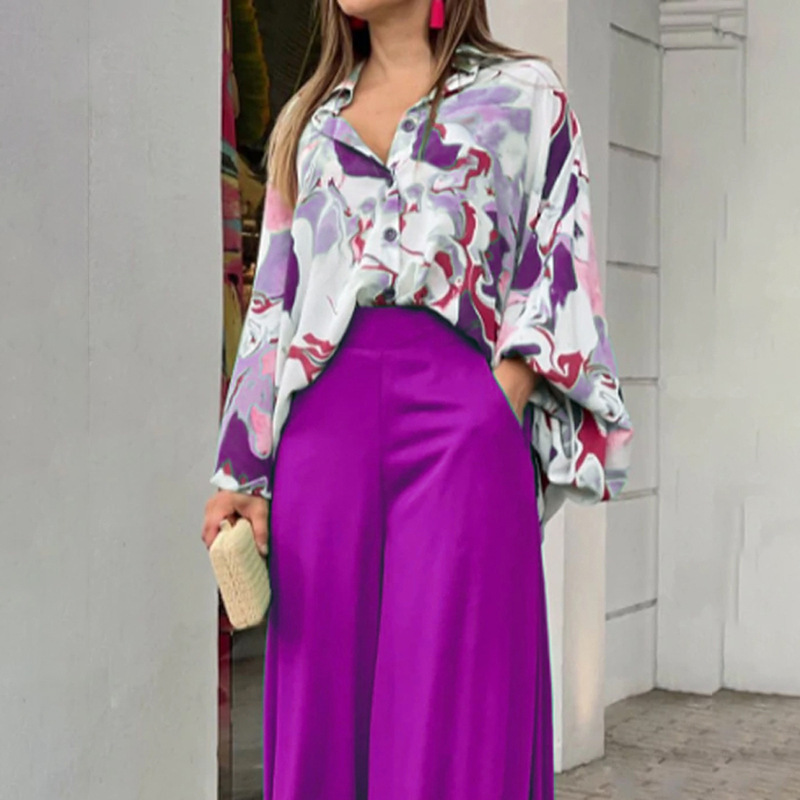 2025 European and American Women's Independent Station Autumn eBay Printed Shirt Elegant Elegant Wide Leg Pants Fashion Casual suit
