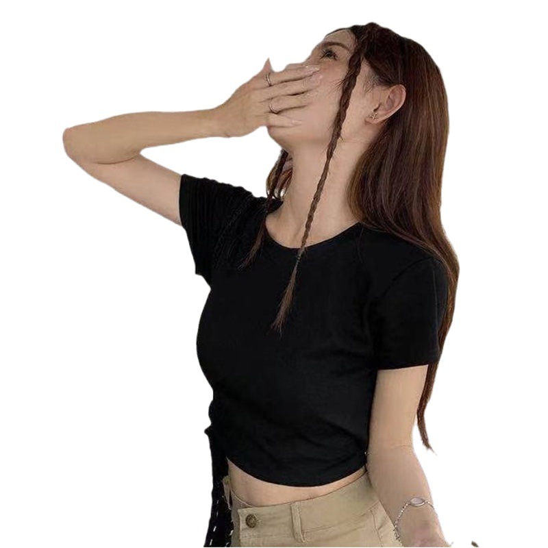 Korean Style Short-sleeved T-shirt Women's Summer New Back Strap Design Sense Ins Niche Slim-fit Hot Girl Short Top