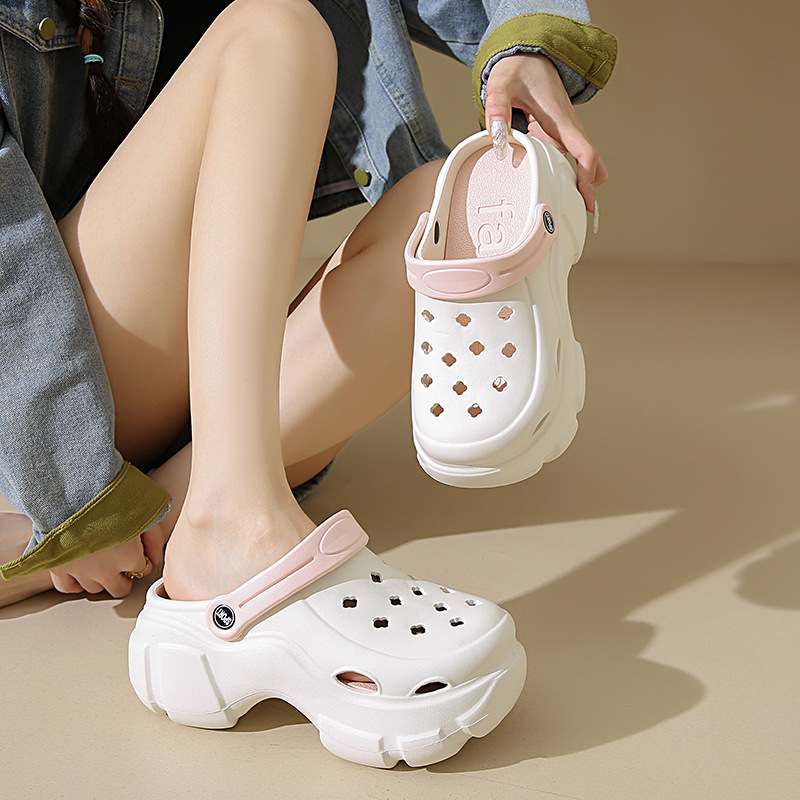 5154 Solid Color Slippers Women's 2024 New Summer Outer Wear All-match Thick Bottom Soft Bottom Heightened Hole Shoes Women's Slippers
