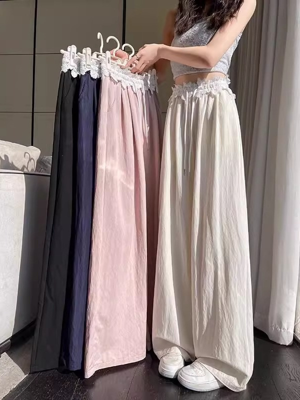 Petite Lace Spliced Wide-Leg Pants for Women 2025 Summer New High-Waisted Slimming Loose Drape Lazy Yamamoto Pants