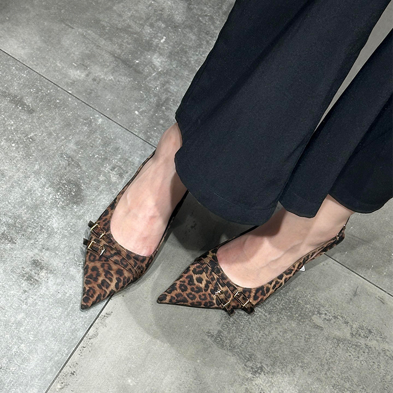 Leopard print high heels women's 2024 autumn new back trip with pointed back empty kitten with buckle temperament shoes