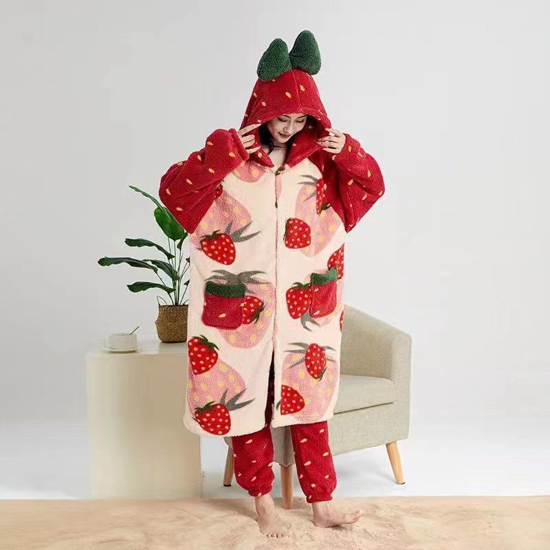 Coral Fleece Big Strawberry Big Eyeeye Bear Nightgown Bathrobe Autumn and Winter Cotton Fleece Warm Home Wear