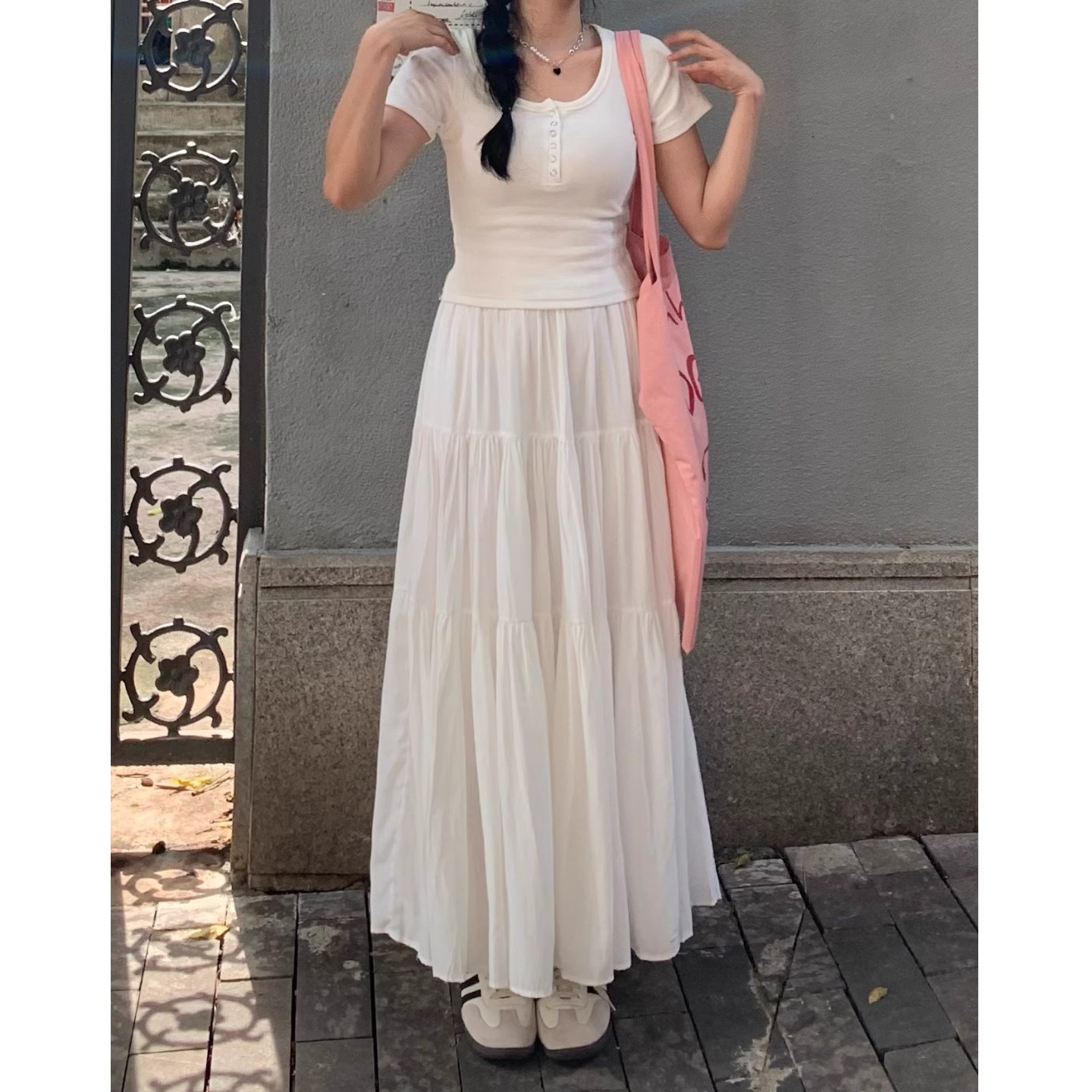 Spring and Summer Niche Design White Skirt Women's 2024 New Stitching Mid-length High-end A- line Skirt