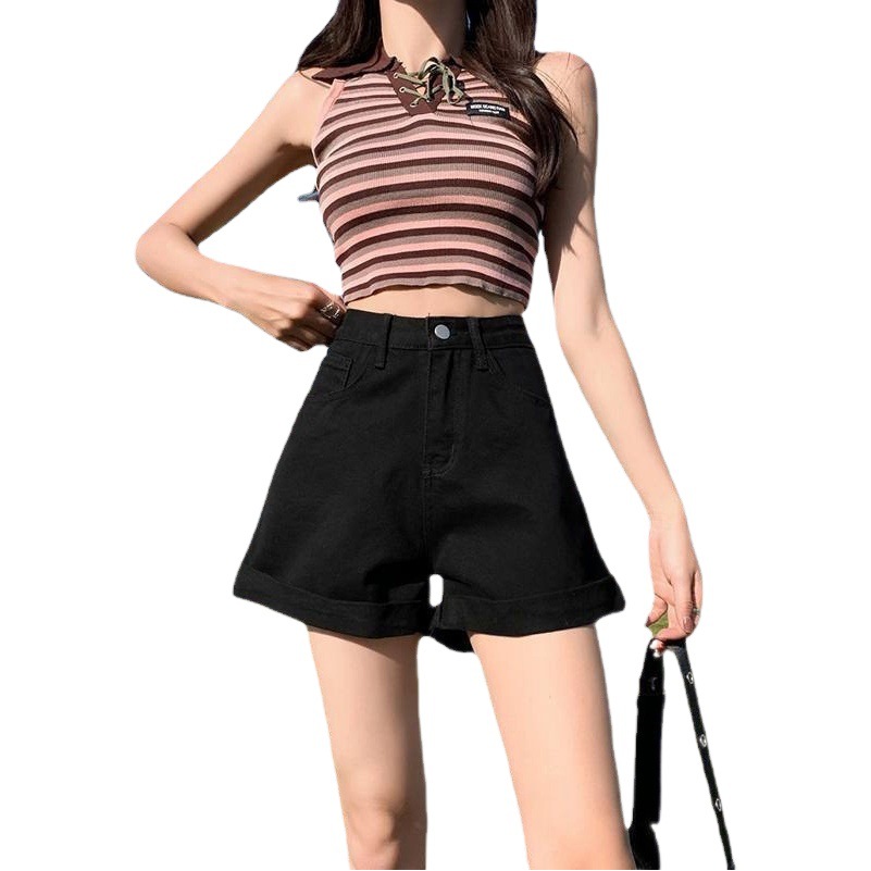 High Waist Denim Shorts Women's Summer Thin 2022 New Arrival A- Word Curled Loose Wide-Leg Hot Pants
