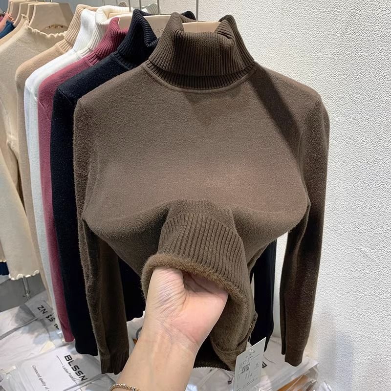 Picture of Foreign trade fleece-lined thick warm one-piece velvet top autumn and winter threaded high collar long sleeve T-shirt women's knitted base