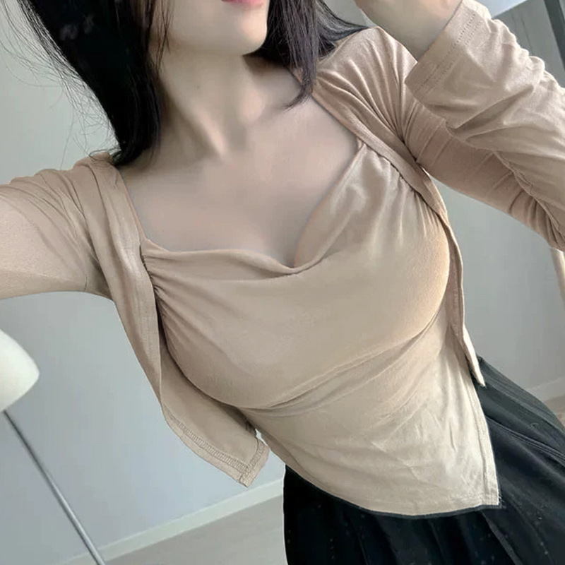 South Korea Dongdaemun sexy figure-flattering temperament female style swing collar sling + cardigan two-piece suit top for women
