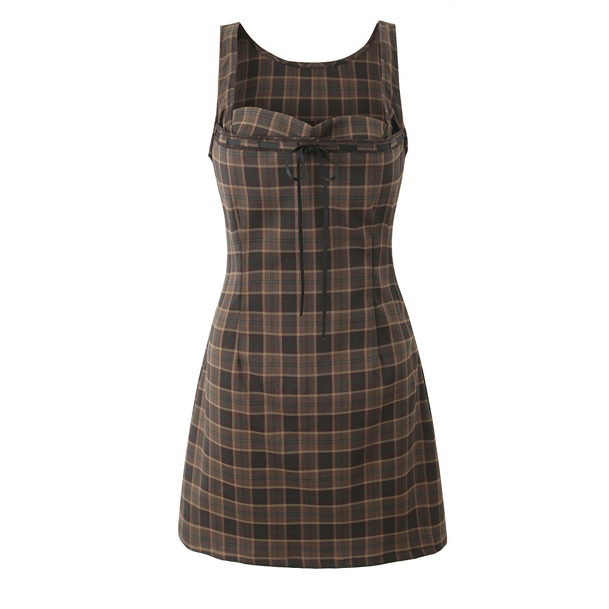 French Vintage Vacation Square Collar Sleeveless Vest dress Large Plaid Slim-fit Short Skirt Plaid