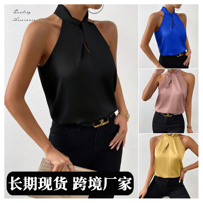 Picture of 2025 New Summer European and American Clothing Satin Halterneck Sleeveless Vest Satin Imitation Silk Top Wholesale in Stock