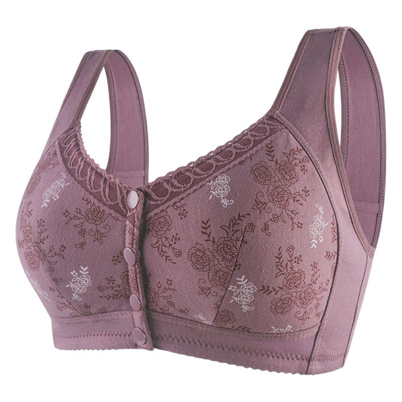 New Style Printed Soft Cotton Cup Front Buckle Middle-aged and Elderly Underwear Women's Vest Large Size Non-rimless Wide Shoulder Bra
