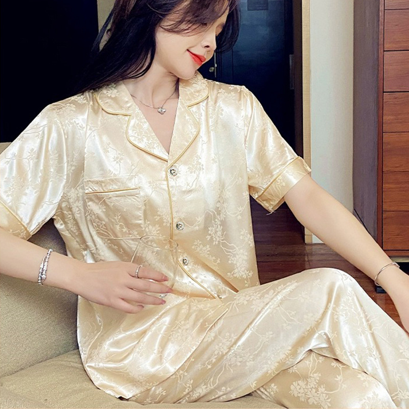 Light Luxury Japanese Summer Internet Popular Ice Silk Thin Short Sleeve Trousers Flower High-end Home Clothes suit Wholesale