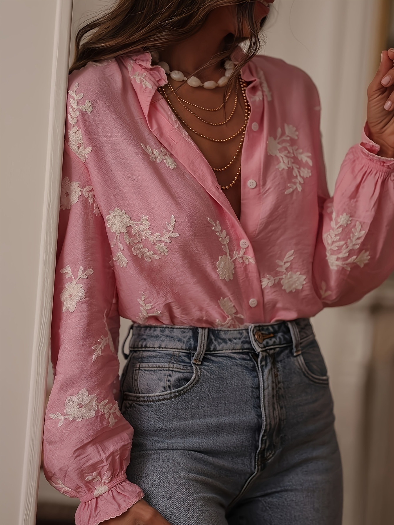 Picture of 2025 Autumn and Winter European and American Export Cross-Border Women's Clothing Amazon Popular Long-Sleeved Printed Tops Lapel Lantern Sleeve Shirts