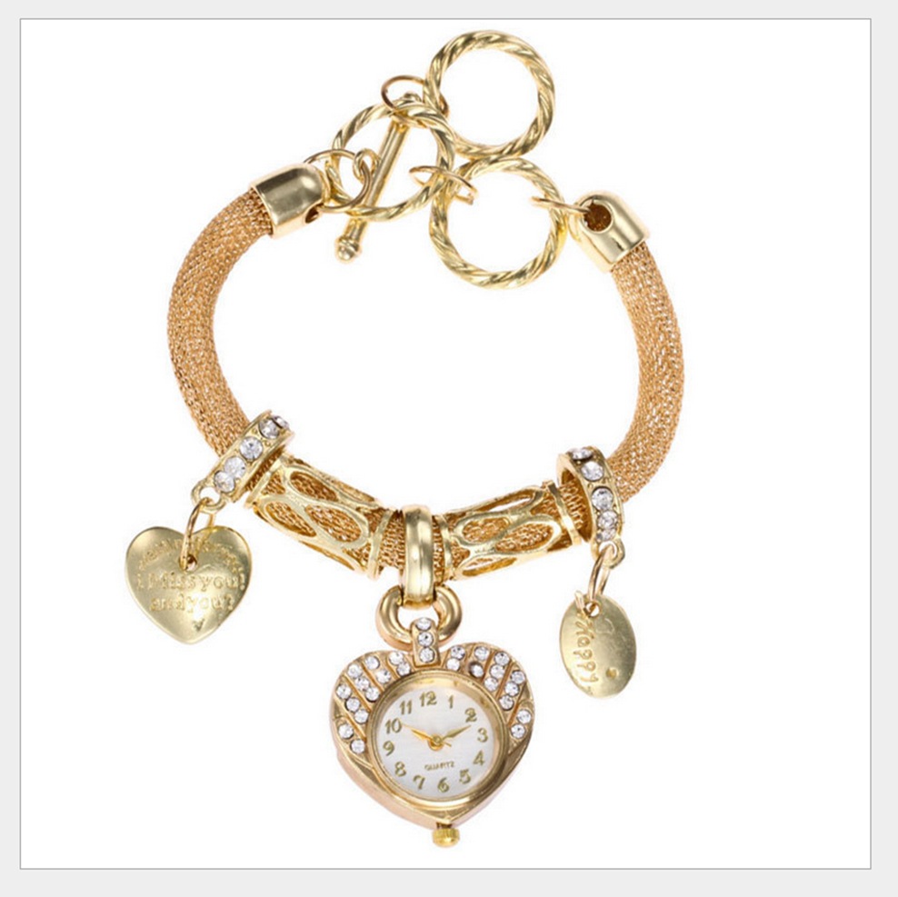 Women's Bracelet Watch ins Fashion Diamond-encrusted Golden Heart Decoration Temperament Watch Quartz Alloy Watch for Female Students