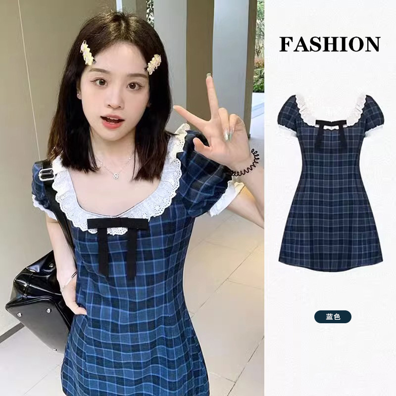 Bubble Sleeve Blue Square Collar Plaid Dress Summer New Women's Tight Waist A- Line First Love Skirt Slimming Plaid