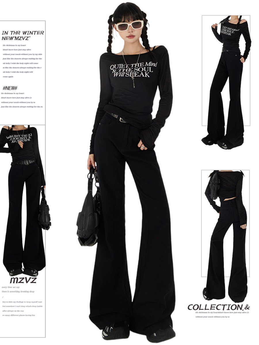 American Style Retro Black Low Waist Sizeback Jeans Women's Spring and Autumn Loose Slim Look Small Long Spice Girls Wide Leg Pants