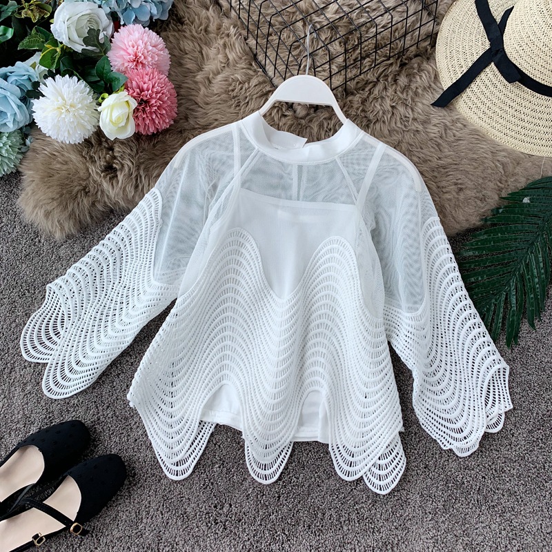 Picture of Cross-border 2022 Korean Style New Season Hollow Lace Shirt Western Style Small Shirt Women's Wave Loose Horn Sleeve Short Top