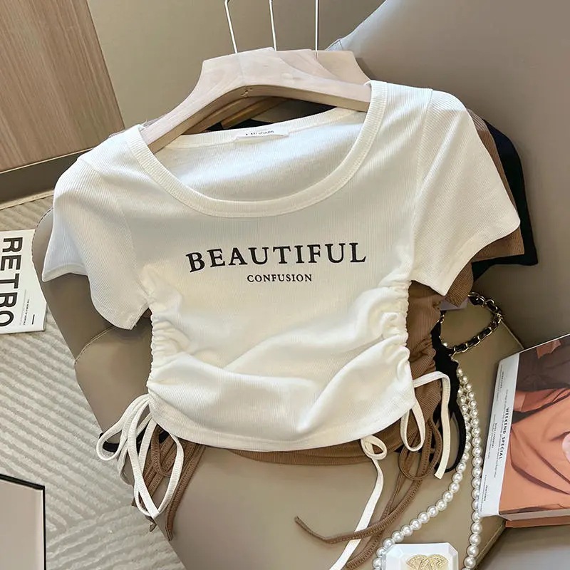 Korean-style U-collar Letter Drawstring Printed Niche Design Short-sleeved T-shirt Women's 2024 Summer New All-match Top