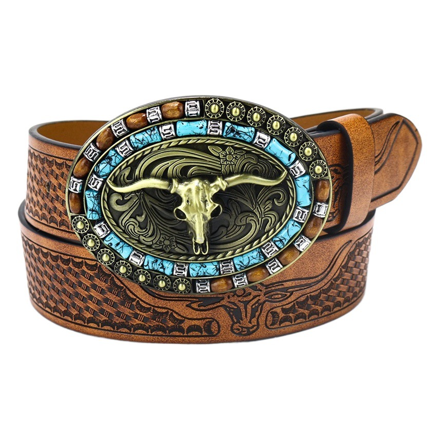 Cross-border Hot Sale Western Denim Belt Niuron Big Plate Buckle Trendy Retro Youth Men Punk PU Leather Belt
