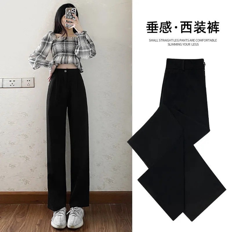 Picture of Fashionable Wide-Leg Pants for Women, Summer Thin Drape Straight-Leg Dress Pants, Petite Autumn Long Pants, Black Suit Pants
