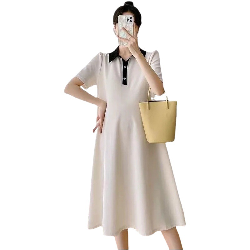 Maternity Dress Summer Short-sleeved polo Dress Lapel Maternity Dress Summer Short-sleeved Pregnant Women's Dress Korean Style Loose