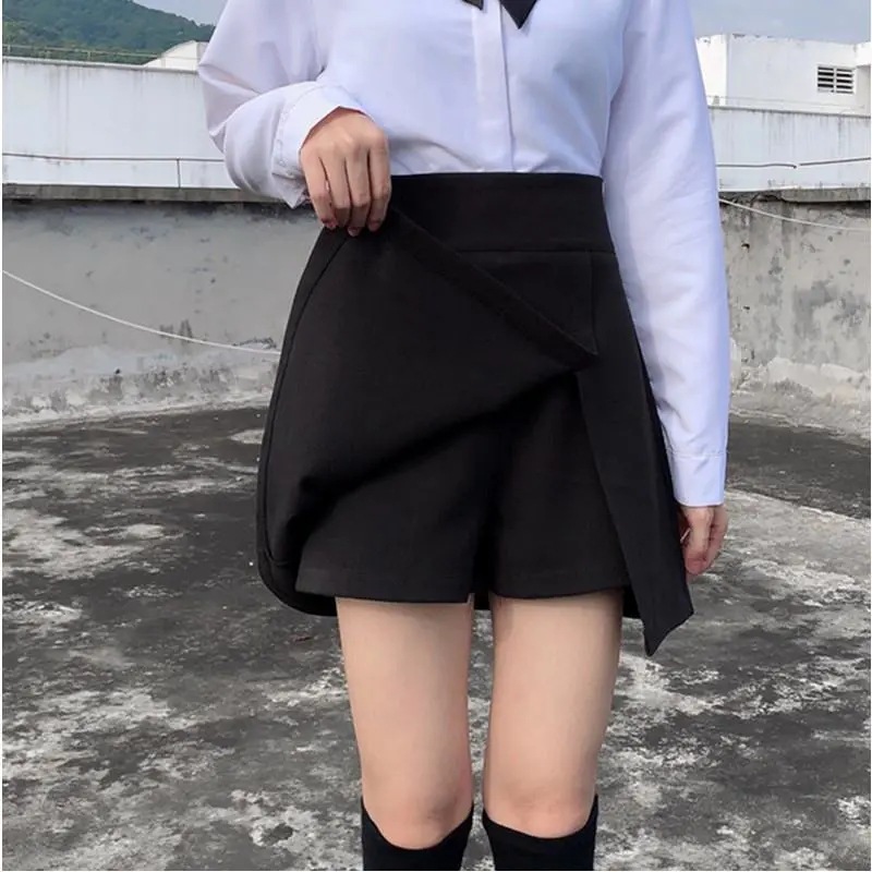 plus size Women's chubby girl Skirt High Waist Culottes A- Line Skirt Irregular Skirt Black Slim-fit Short Pants Trendy