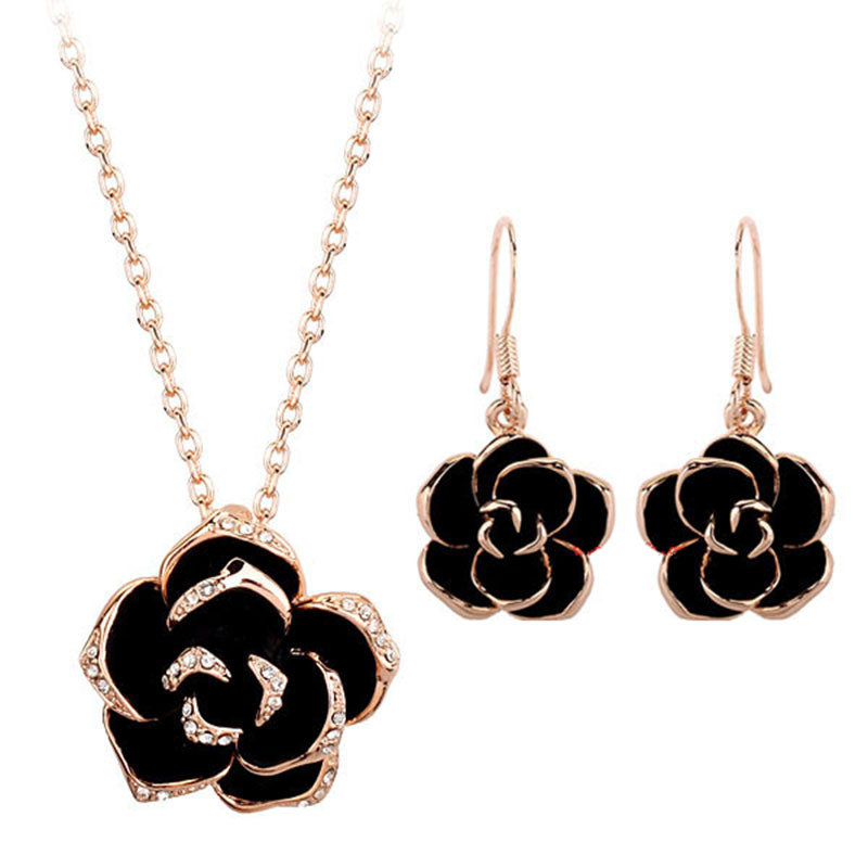 Korean style fashionable exquisite vintage oil dripping rose necklace earrings jewelry suit temperament bridal two-piece set