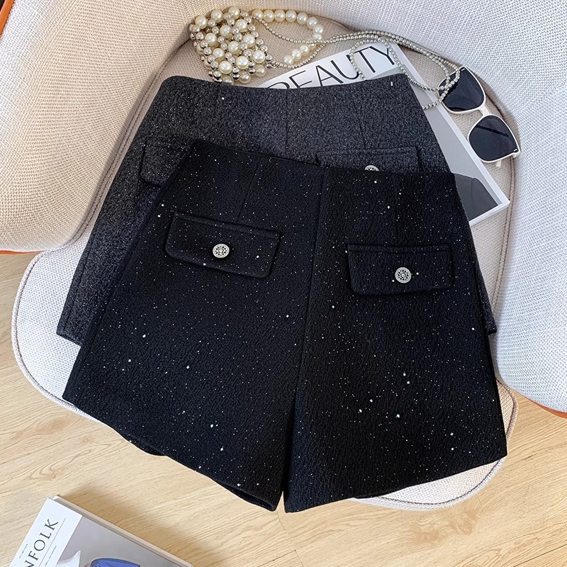 Sequin Small Chanel Style Shorts Women's Autumn and Winter 2024 New Wearing Woolen Fashionable Black Wide Leg Pants with Boots