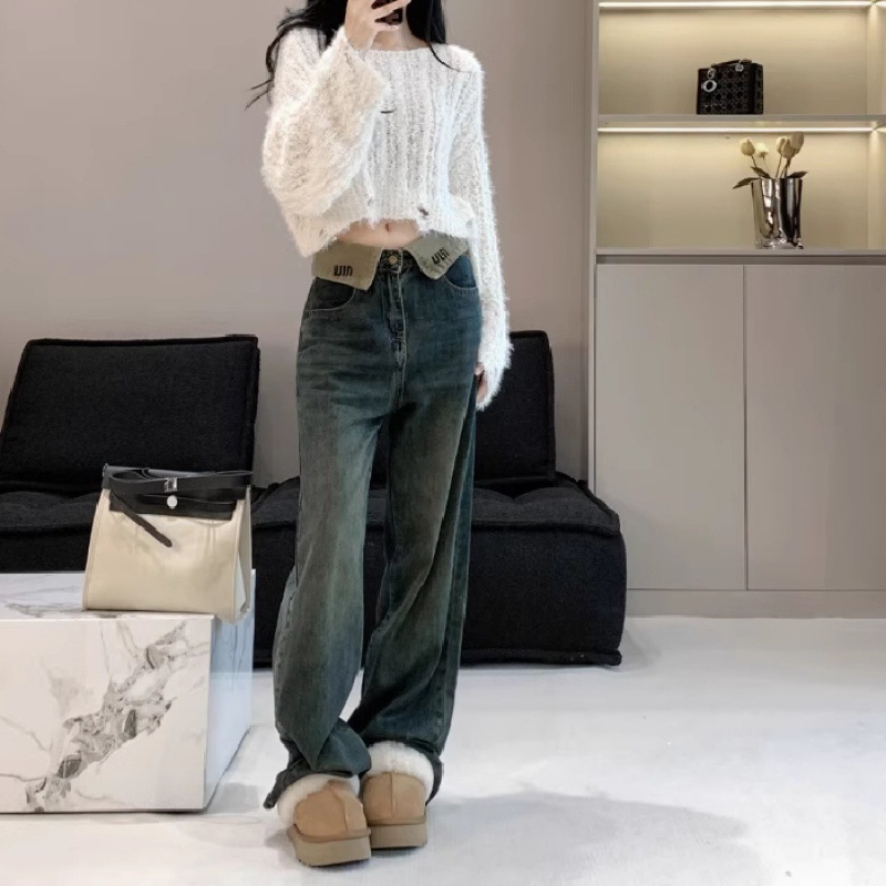 Straight Leg Jeans Women 2024 New American Style Design Sense Pants Small High Waist Slimming Loose Wide Leg Pants
