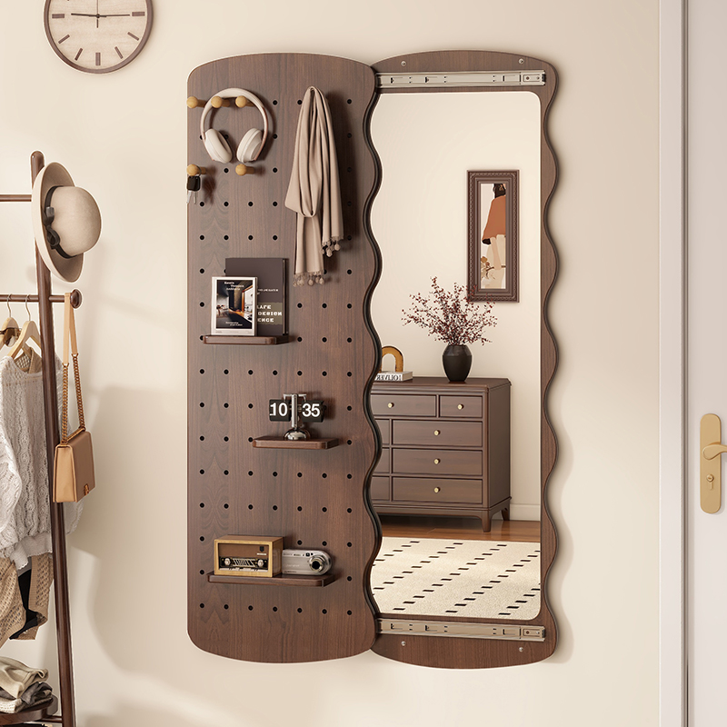 Internet-famous wavy pegboard dressing mirror, hidden sliding pull-out full-length mirror, home bedroom fitting mirror, simple living room mirror