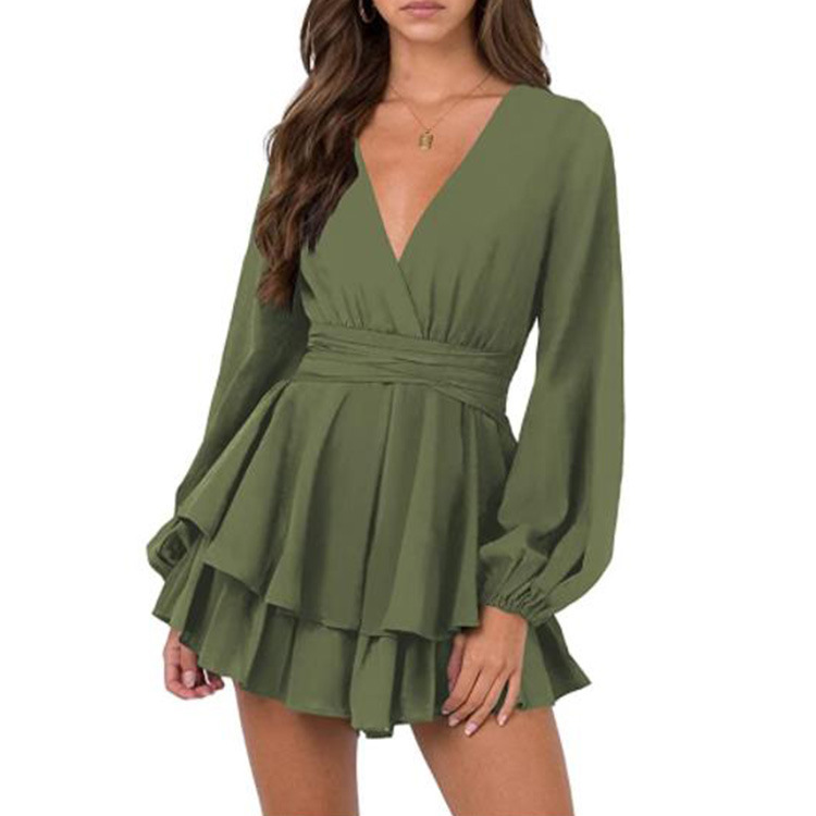 Amazon Cross-border Women's Solid Color V-neck Long-sleeve Sleeve Belt Ruffled Hem Body dress