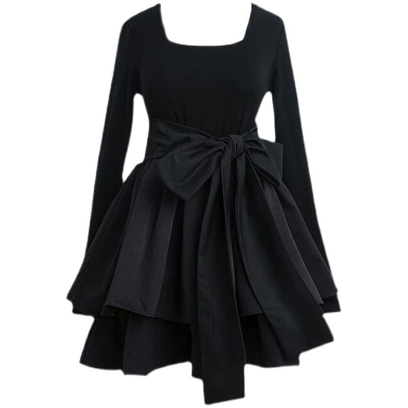 Hepburn Style Black dress Women's Spring Lolita Pure Desire High-end Retro Tight Waist Square Collar Puff Small Black Dress