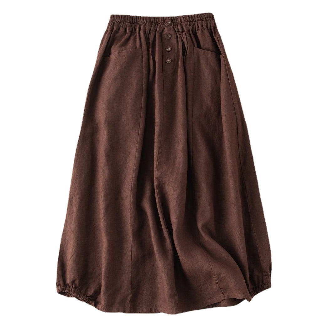 plus size Women's 2023 Summer New Cotton and Linen Vintage Skirt Slimming Artistic Elegant Mid-length High Waist A- line Skirt