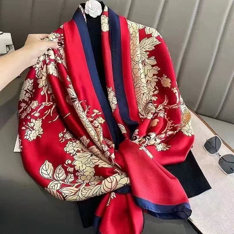 New Summer Sunscreen Scarf Women's Li Brocade Satin Printed Long Shawl Outer Decoration Mother's Scarf Beach Towel