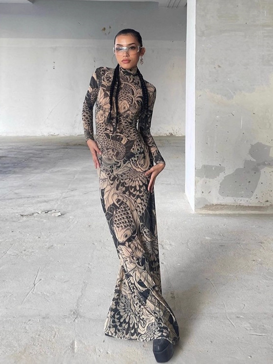 Fashion Printed Style See-Through Dress European and American Mesh Autumn Personalized New Women's Digital Street High Waist